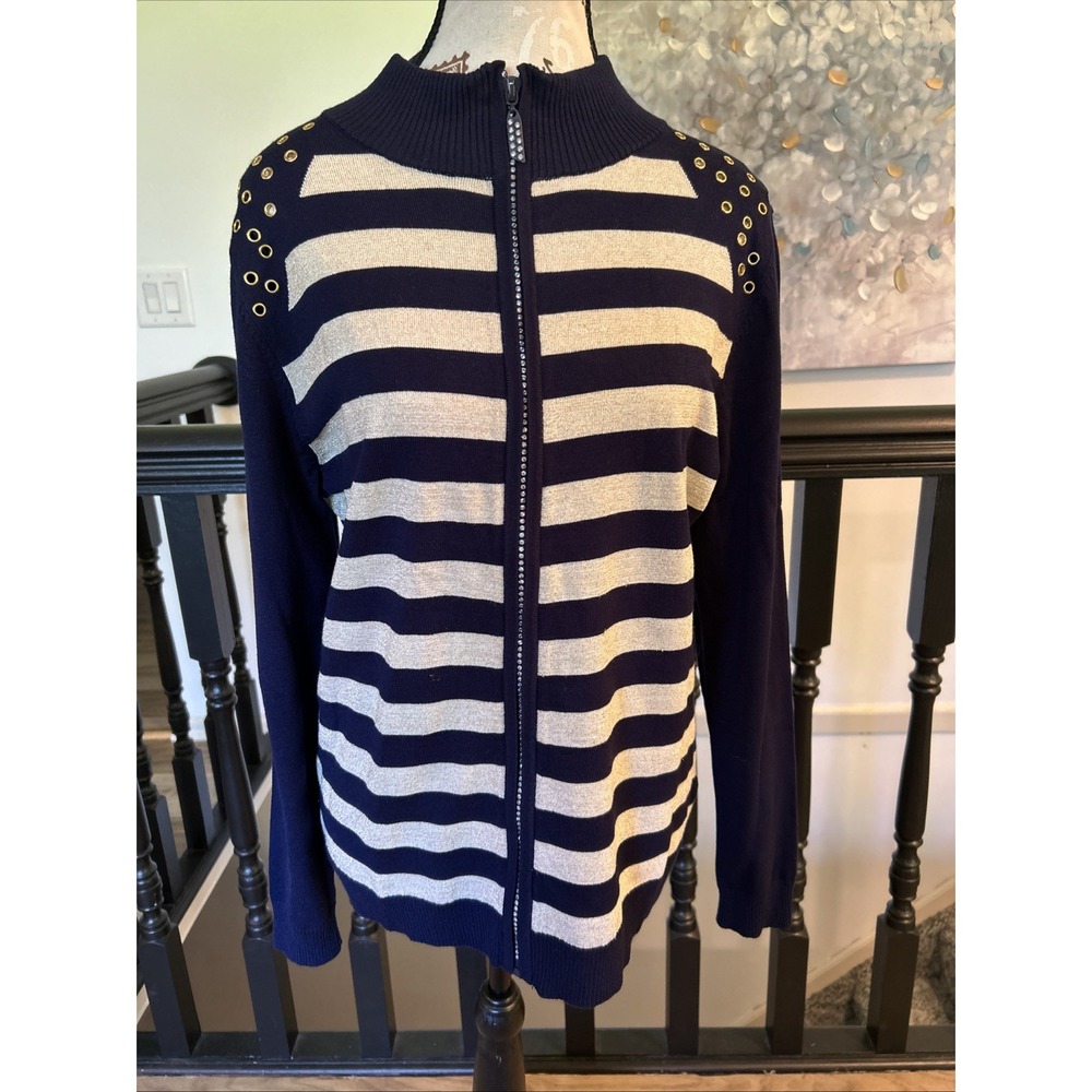 Fontana Blue/Gold XL cardigan‎ sweater gold ring studs & rhinestone zip New